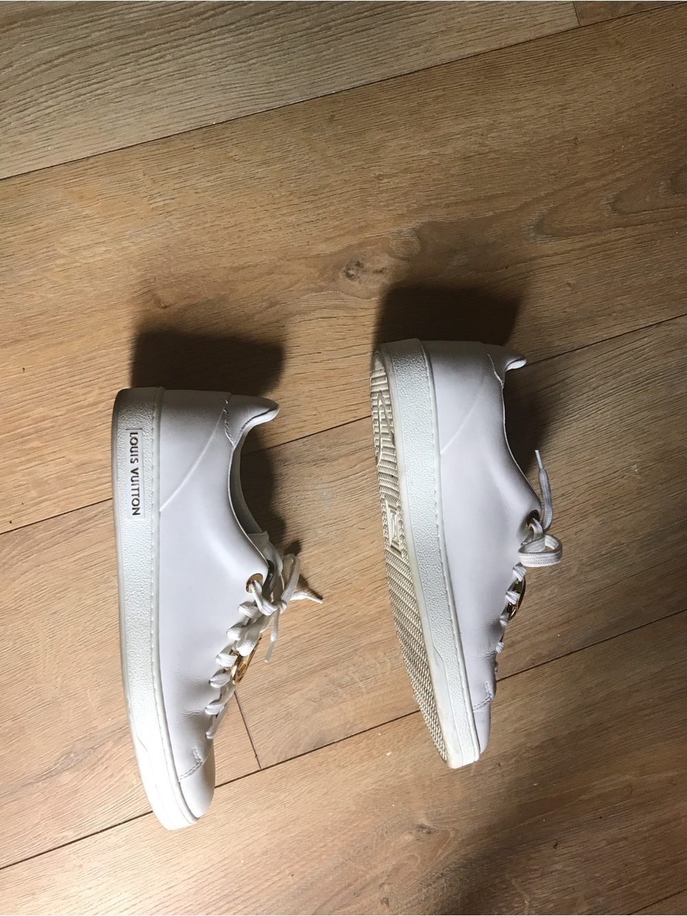 Louis Vuitton White Leather Sneakers with Gold LV Medallions - Picture 7 of 9